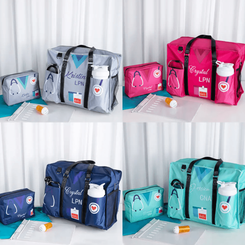 Collection of personalized nurse bags in various colors, each labeled with different names and professional titles.