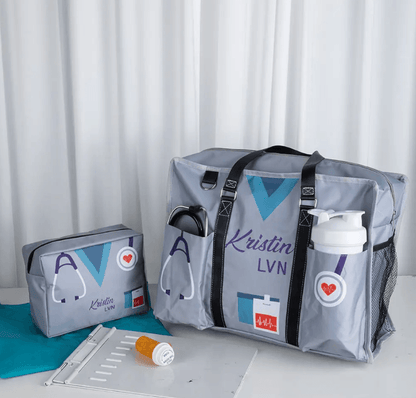 Gray nurse tote set labeled 'Kristin LVN' with water bottle holder and medical icons, ideal for healthcare workers.