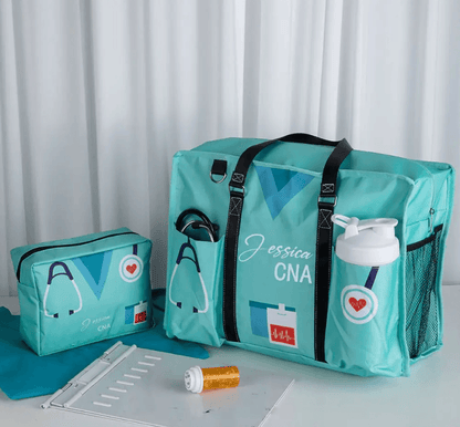 Teal nurse bag set personalized with 'Jessica CNA' featuring medical icons and compartments for organized storage.