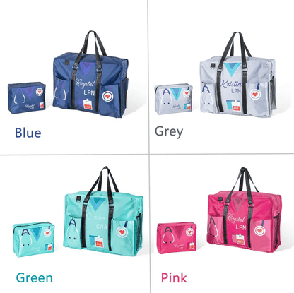 Assorted nurse tote bags in blue, grey, green, and pink, each set with matching accessory pouches and personalized labels.