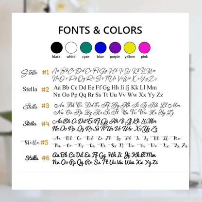 Chart showing various font styles numbered 1 to 6 and color options including black, white, cyan, blue, purple, yellow, pink.