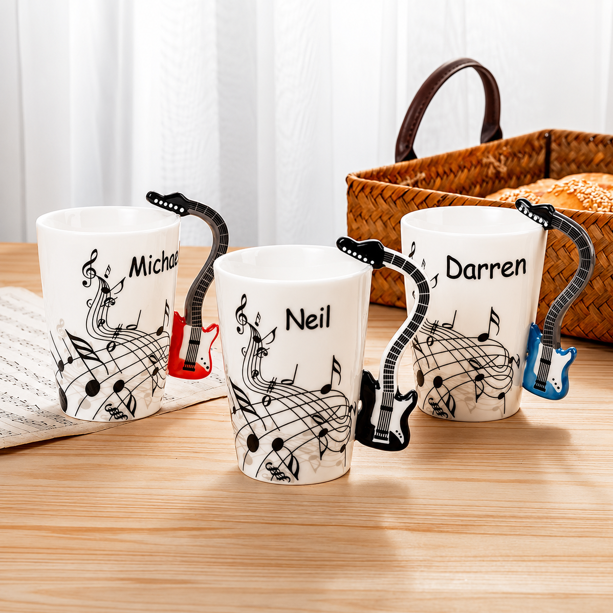 Personalised guitar handle ceramic coffee mugs with custom names in red, black and blue