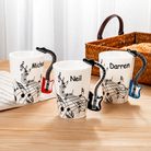 Personalised guitar handle ceramic coffee mugs with custom names in red, black and blue
