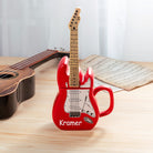 Red personalised guitar-shaped ceramic coffee mug with removable guitar-shaped lid and custom name