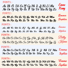 A display of six different cursive fonts showing the alphabet in uppercase and lowercase. Examples of names in each font: Emma, Kenny, Sophia, Billy, and Karen.