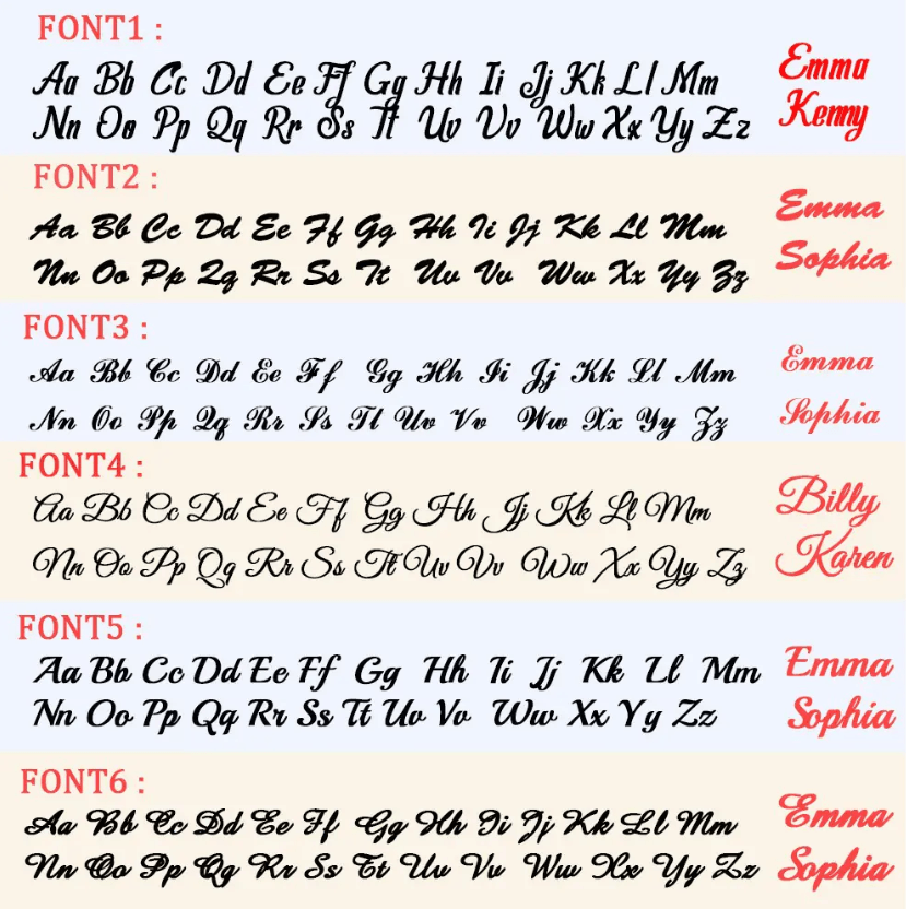 A display of six different cursive fonts showing the alphabet in uppercase and lowercase. Examples of names in each font: Emma, Kenny, Sophia, Billy, and Karen.