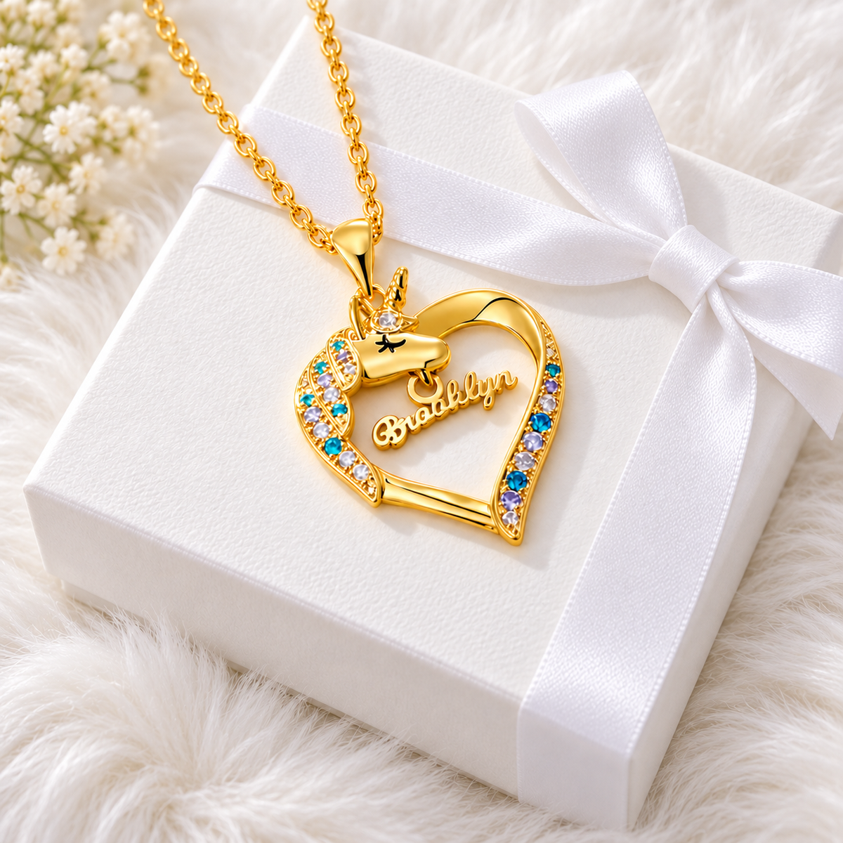 Gold personalized unicorn heart necklace with custom name pendant