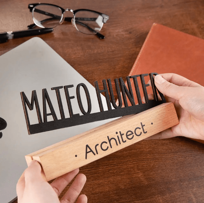 Shop Mateo Hunter's Custom Oak Desk Name Plate - perfect for architects looking for a stylish, personalized touch.