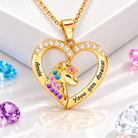 Personalized unicorn heart necklace with custom name engraving in gold finish
