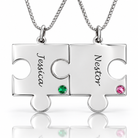 Custom engraved couple puzzle necklaces with green and pink birthstones