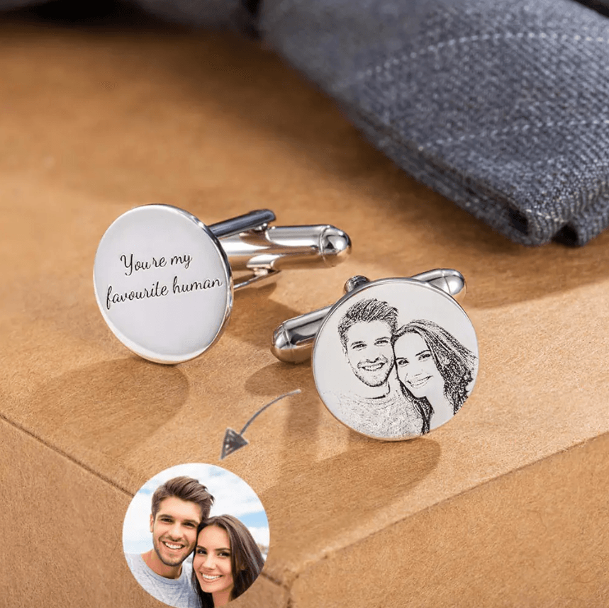 Personalized cufflinks featuring a photo-engraved portrait of a couple and a message 'You're my favourite human'.