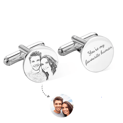 Custom cufflinks with engraved portrait of a smiling couple and text 'You're my favourite human'.