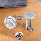 Custom cufflinks with an engraved family portrait and text 'Always in my heart' on silver background.