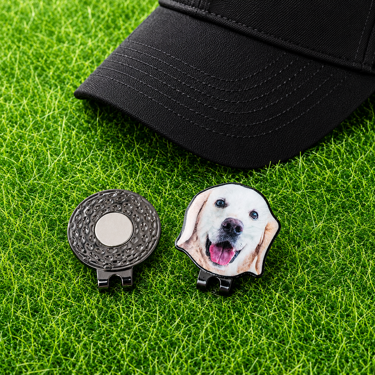 Custom dog photo golf ball marker with magnetic hat clip displayed on grass