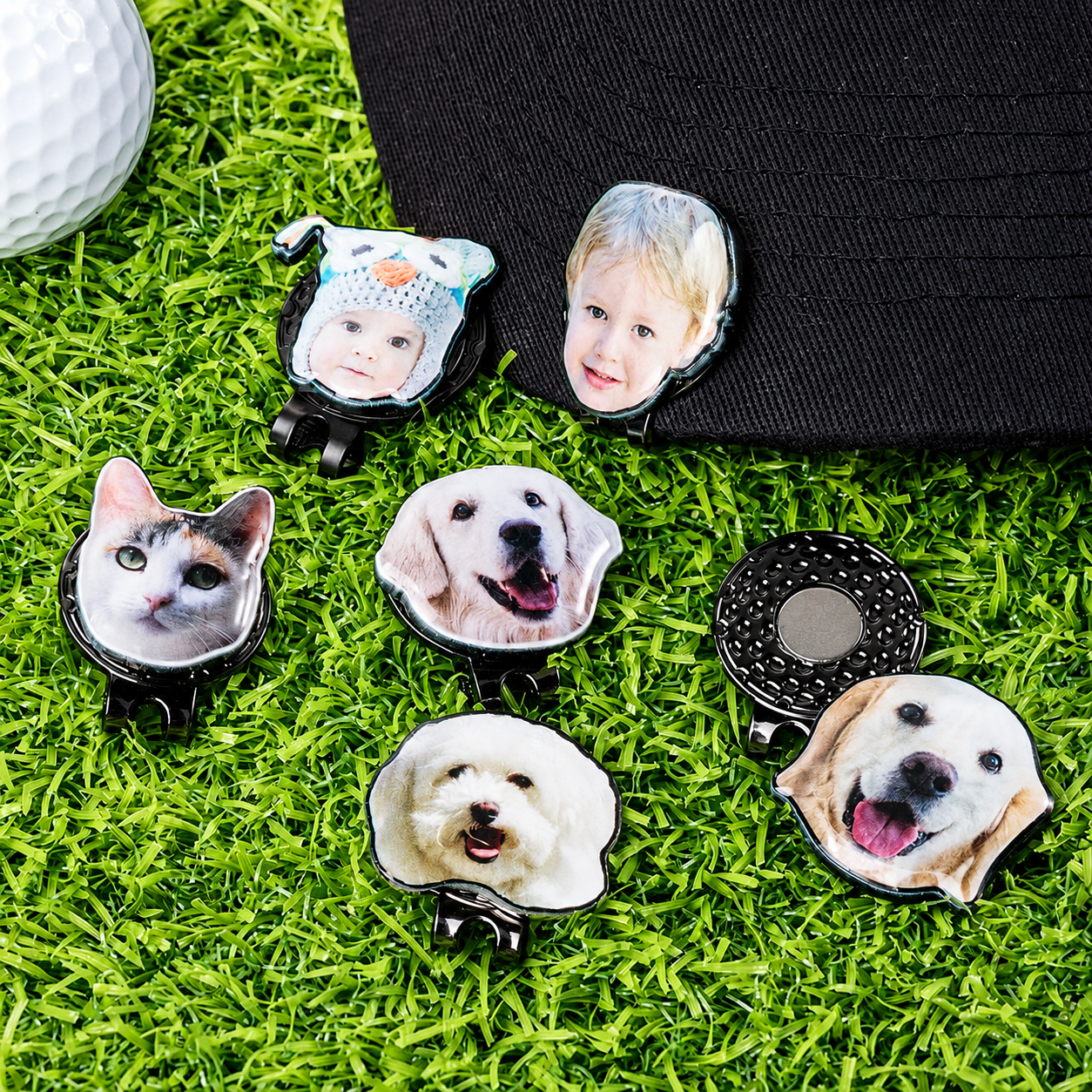 Custom photo golf ball markers featuring people and pets with magnetic hat clip on grass