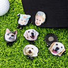 Custom photo golf ball markers featuring people and pets with magnetic hat clip on grass