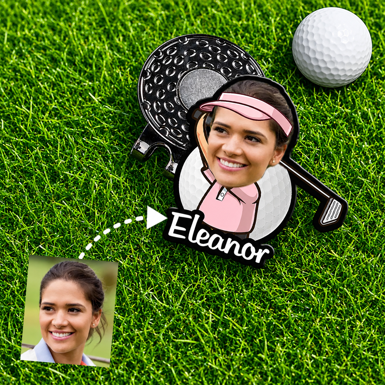 Personalized Eleanor cartoon golf ball marker created from uploaded face photo