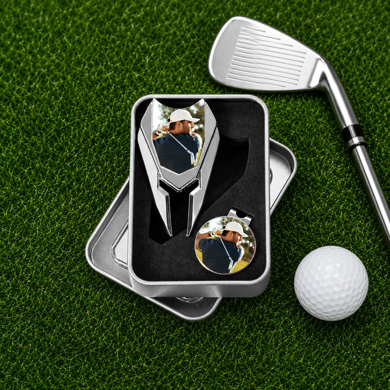 Personalized photo golf divot tool and ball marker set in case beside golf club and ball