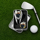 Personalized photo golf divot tool and ball marker set in case beside golf club and ball