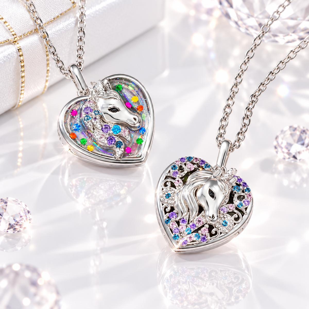 Two personalized unicorn photo locket necklaces for girls in heart-shaped styles