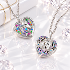 Two personalized unicorn photo locket necklaces for girls in heart-shaped styles