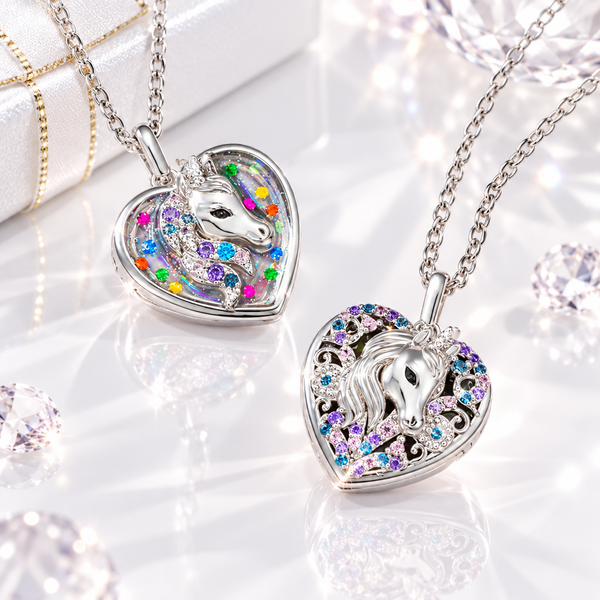 Two personalized unicorn photo locket necklaces for girls in heart-shaped styles