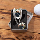 Personalized golf divot repair tool and ball marker gift set displayed on wooden surface