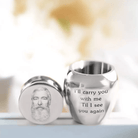 Engraved silver cremation urn for ashes with a portrait and 'Til I see you again' message.