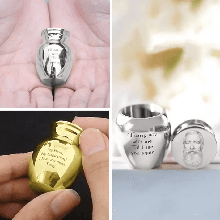 Collage of hands holding personalized urns with heartfelt messages and a portrait.