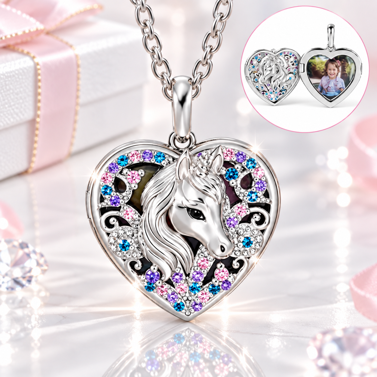 Personalized unicorn photo locket necklace with colorful rhinestones and custom picture