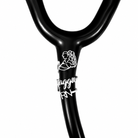 Platinum finish personalized birth flower name tag on black stethoscope