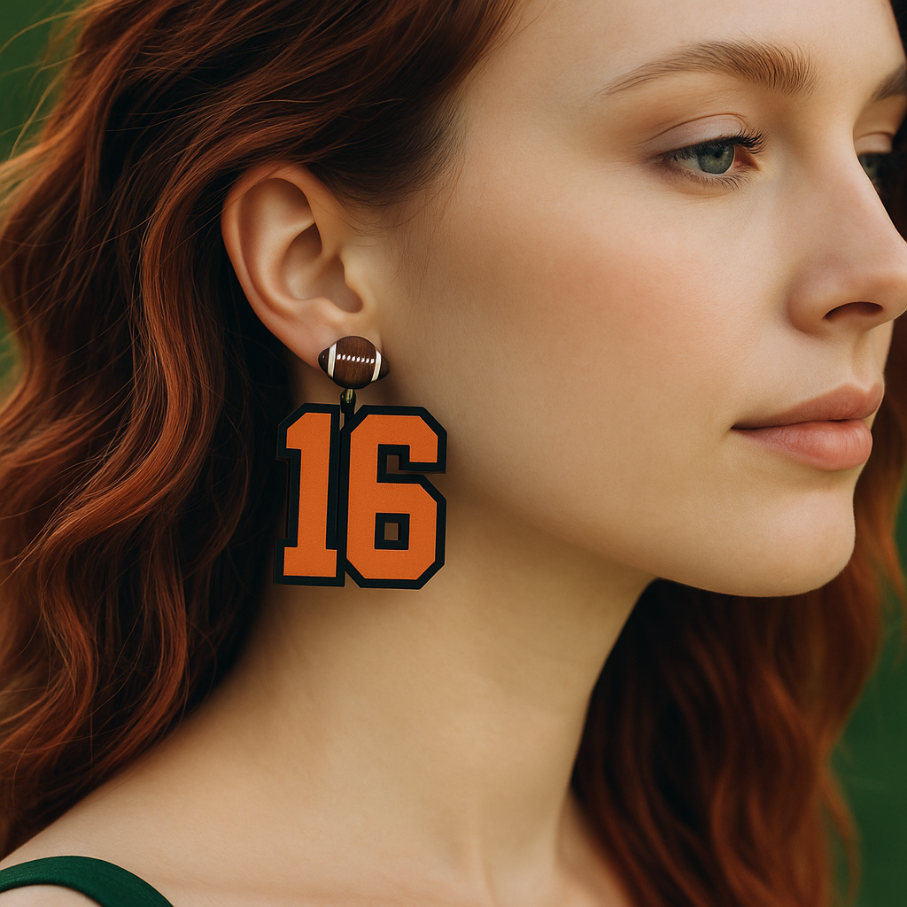 Personalized football number 16 earring in orange and black