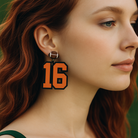 Personalized football number 16 earring in orange and black