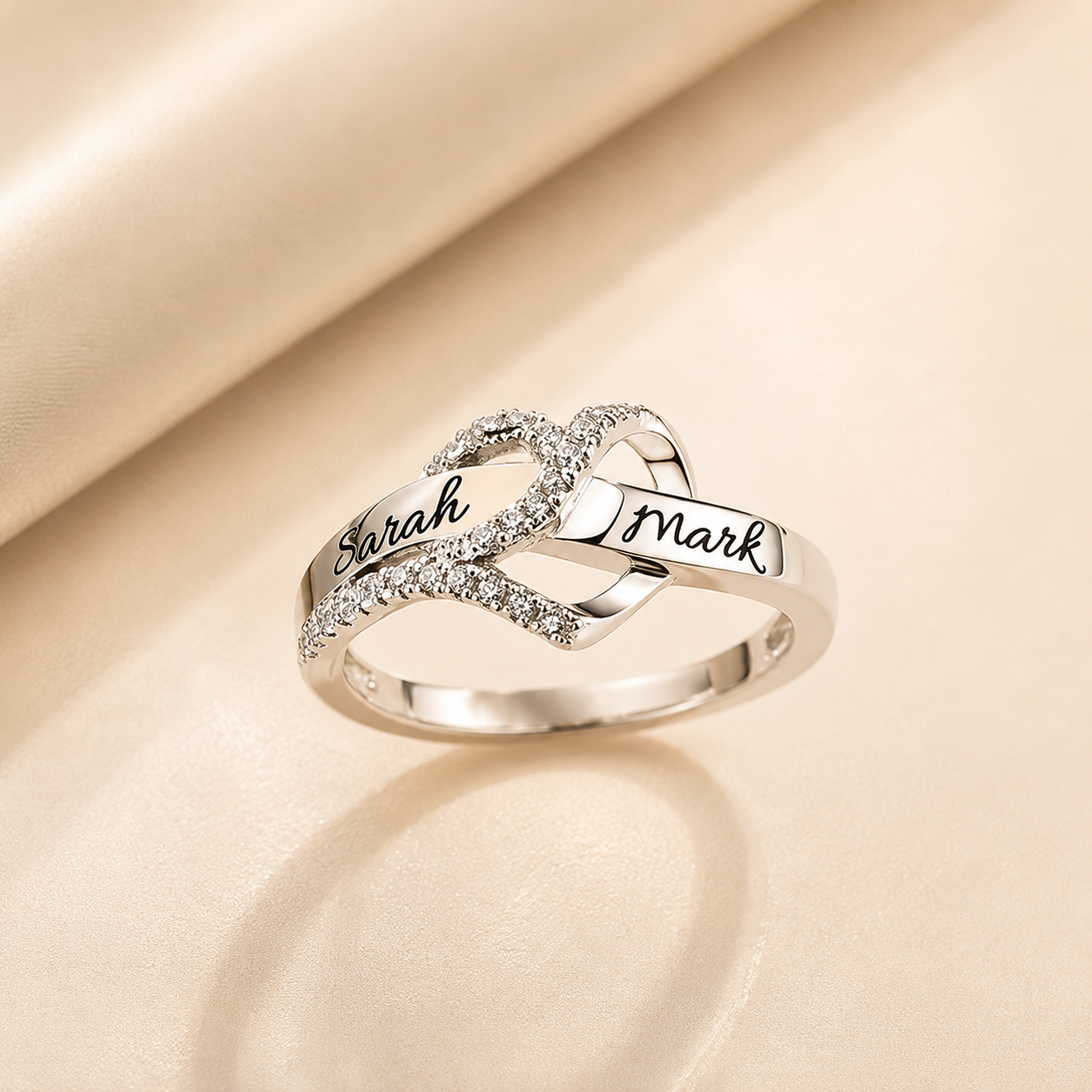 Custom Engraved Infinity Heart Ring with Sparkling Cubic Zirconia
