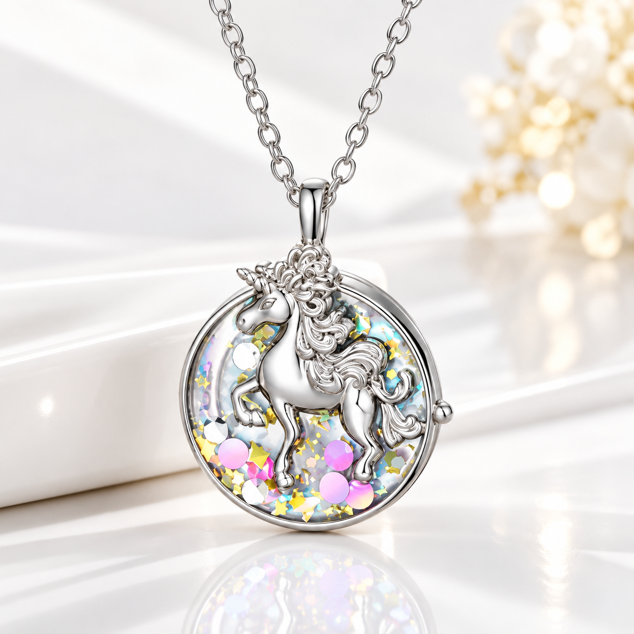 Personalized round unicorn photo locket necklace for girls in silver