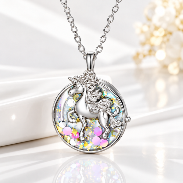 Personalized round unicorn photo locket necklace for girls in silver