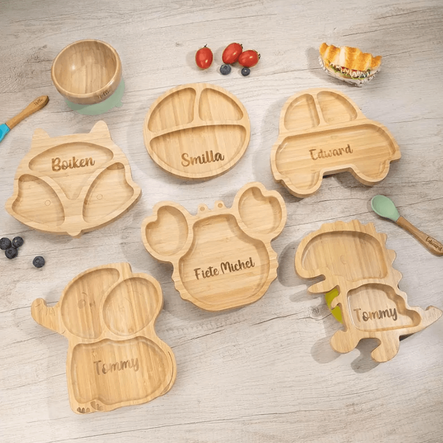 Customizable Bamboo Baby Feeding Set with Suction Bowl and Spoon - Animal Shaped, Non-Toxic, Child-Safe Mealtime Kit - Belbren