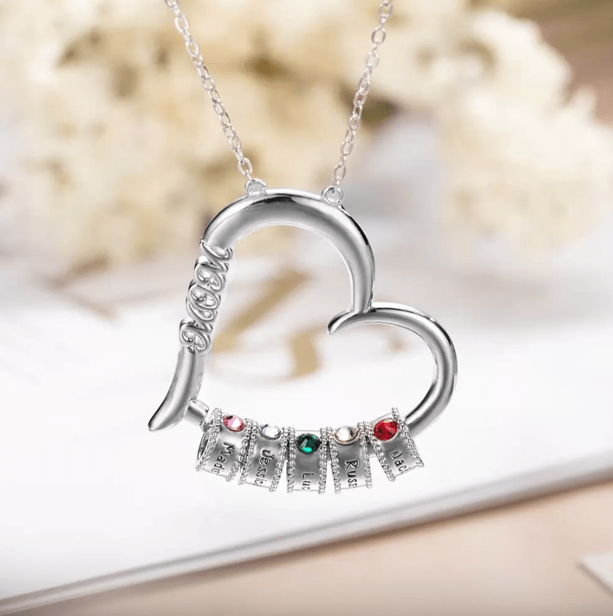 Customizable Birthstone Heart Necklace - Engraved Family Names Pendant, Ideal Gift for Mothers & Grandmothers - Belbren
