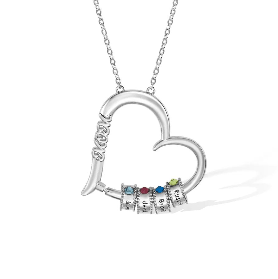 Customizable Birthstone Heart Necklace - Engraved Family Names Pendant, Ideal Gift for Mothers & Grandmothers - Belbren