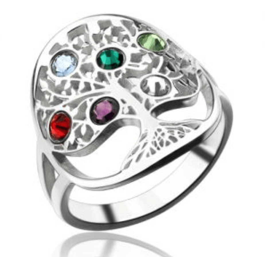 Silver tree of life ring with multi-colored gemstones.