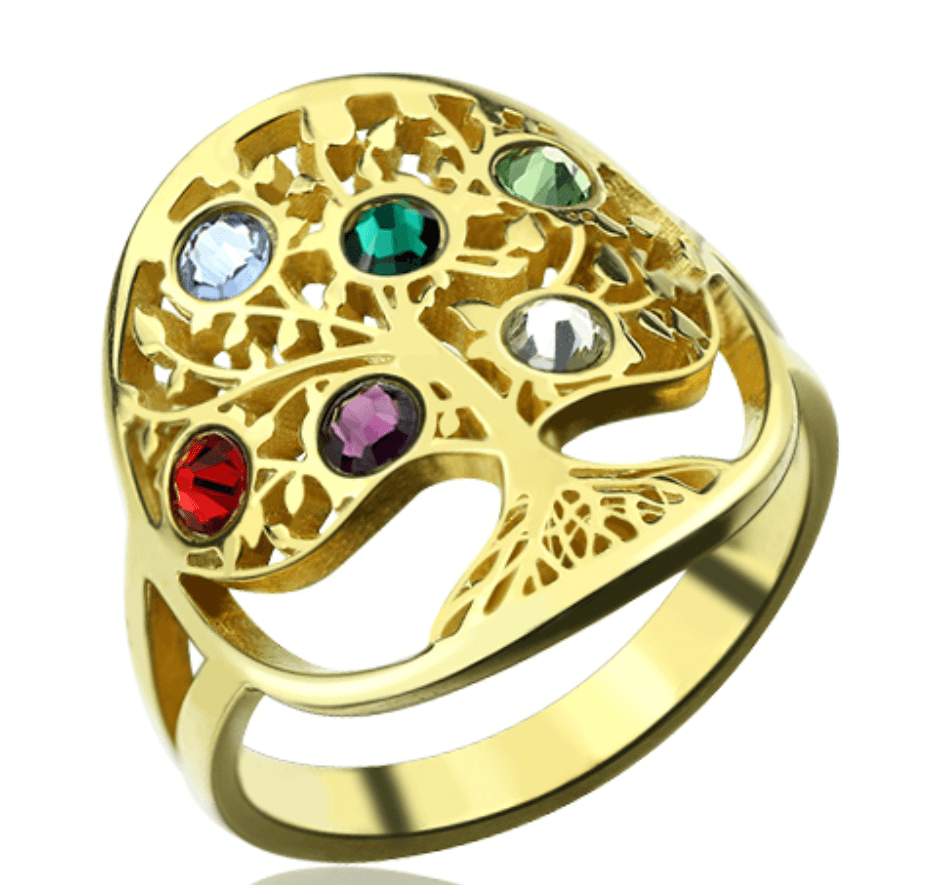 Gold tree of life ring adorned with colorful gemstones.