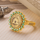 Customizable gold signet ring featuring Oklahoma State University logo with green birthstones and engraved year 2022, perfect for graduation gift