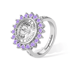 Silver signet ring with purple gemstones, featuring the Central Texas A&M University seal and 'Congratulations' engraving.