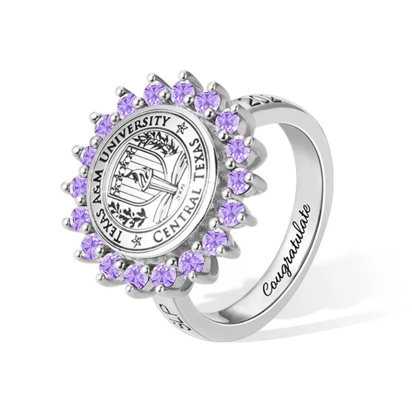 Silver signet ring with purple gemstones, featuring the Central Texas A&M University seal and 'Congratulations' engraving.