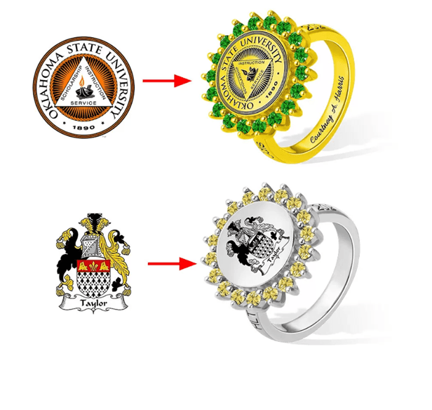 Graphic showing custom ring designs: Oklahoma State University emblem to yellow gemstone ring and Taylor family crest to silver crest ring.