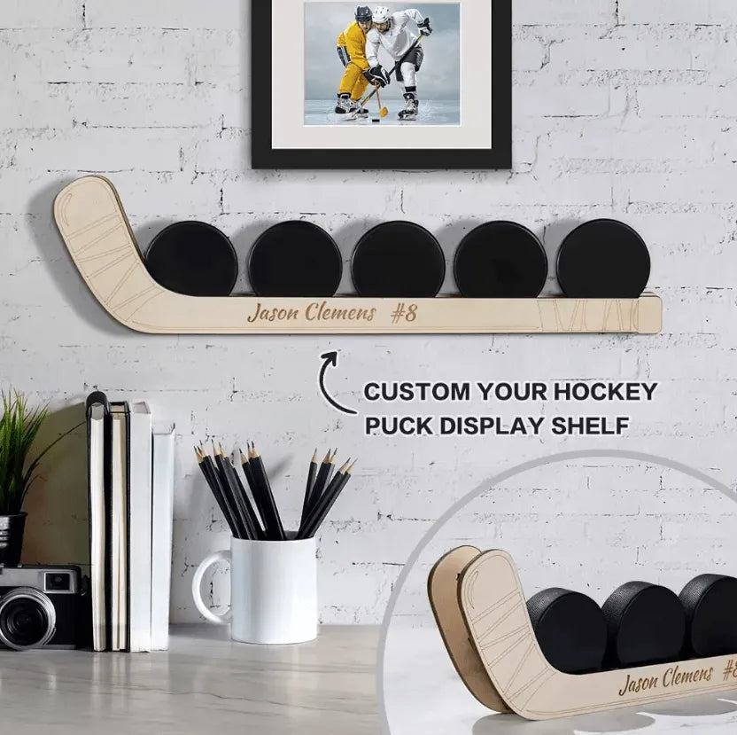 Customizable Hockey Puck Display Shelf – Personalized Wooden Hockey Stick Rack for Wall or Table – Perfect Gift for Hockey Players and Fans - Belbren
