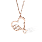 Rose gold tennis racket necklace with a heart charm, customized with the name "Charlotta." Perfect sports jewelry gift for tennis enthusiasts and athletes.