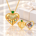 Personalized family name and birthstone heart photo locket necklace in gold