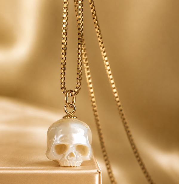 Handcrafted Skull Necklace in Sterling Silver 925 & Gold - Elegant Pearl Pendant, Gothic-Inspired Jewelry, Perfect for Couples