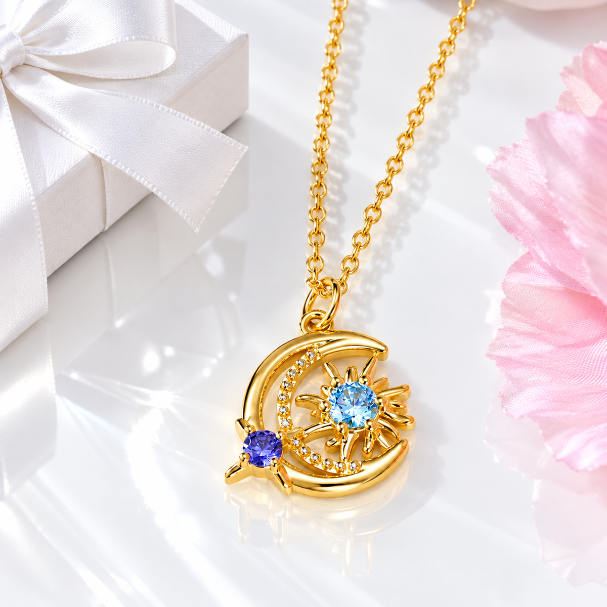 Custom two birthstone crescent moon celestial necklace